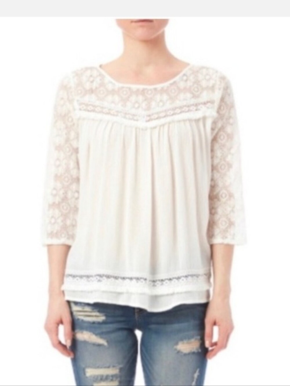 Umgee Cream Lace 3/4 Sleeves Open Back Festival top size small
